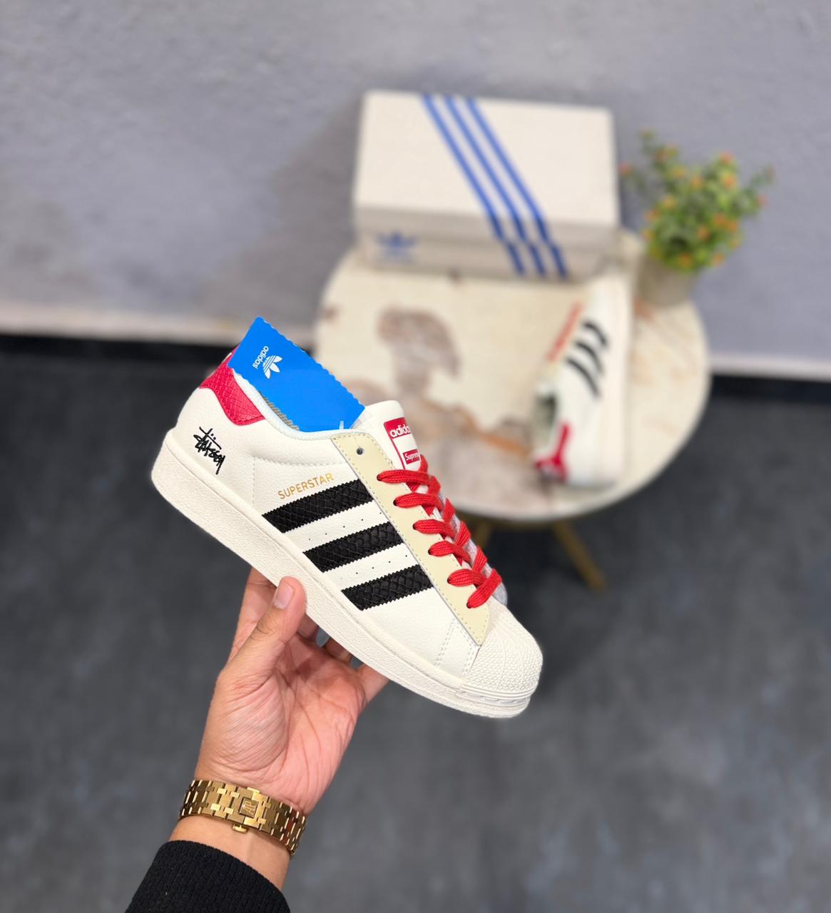 ADIDAS ORIGINAL SUPERSTAR WHITE BLACK RED STUSSY  X SUPREME